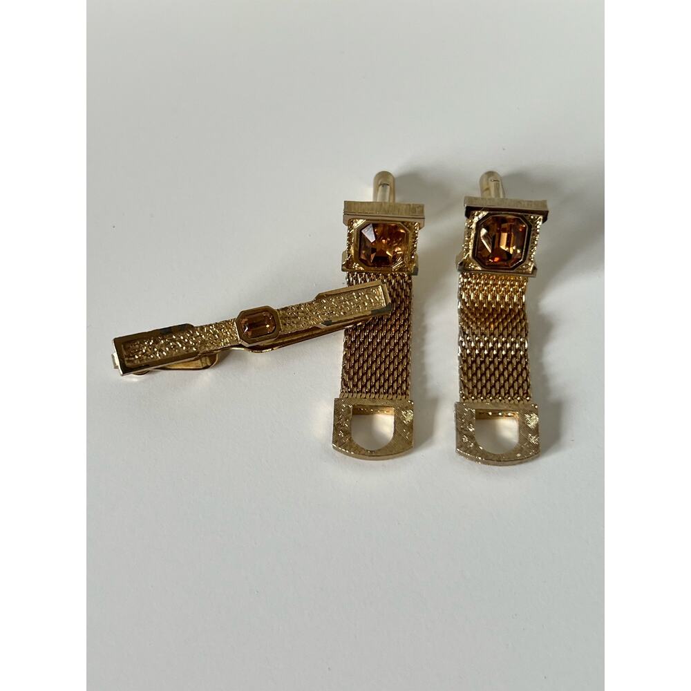 SWANK Gold Tone Citrine Champagne Color Cufflinks Tie Clip Set